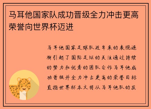 马耳他国家队成功晋级全力冲击更高荣誉向世界杯迈进